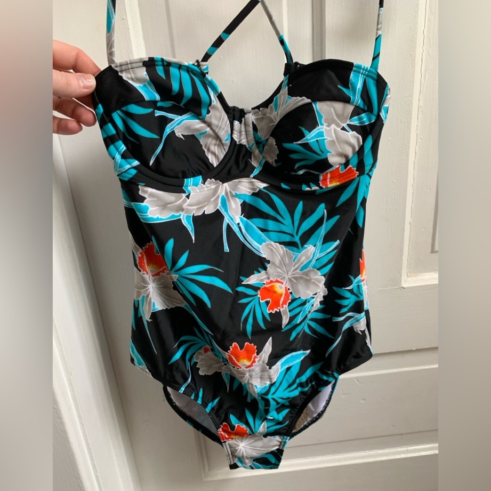 Billabong Black One-Piece Swimsuit with Teal, White & Orange Floral Accents